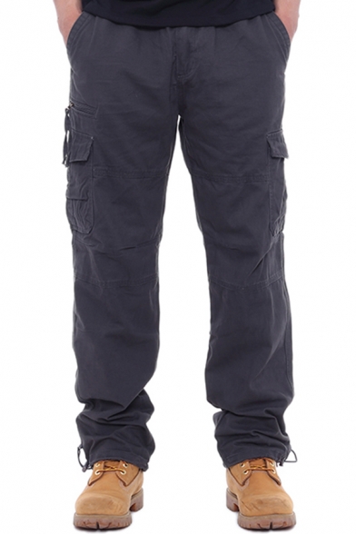 Men Vintage Cargo Pants Pure Color Zip Closure Mid-Rise Flap Pocket Loose Pants