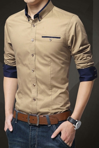 Mens Basic Shirt Chest Pocket Button-down Collar Roll Up Sleeve Slim Fitted Shirt Top