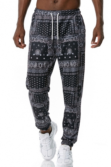 Mens Ethnic Style Sweatpants Baroque Printed Drawstring Waist Ankle Length Relaxed Sweatpants