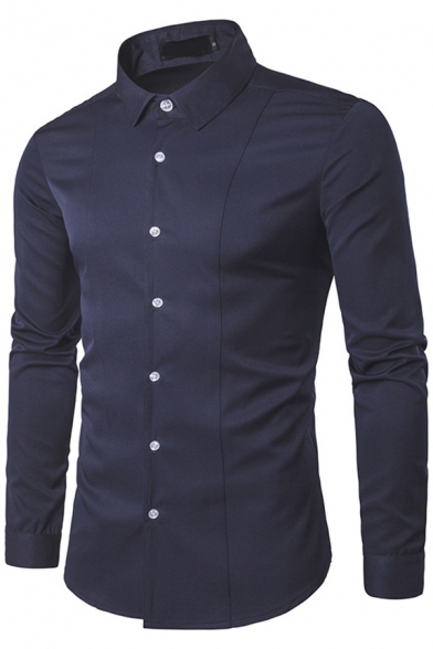 Mens Formal Shirt Solid Color Long Sleeve Turn Down Collar Button-down Fitted Shirt