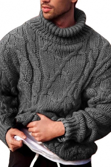 Mens Trendy Sweater Plain Cable Knitted Turtleneck Long Sleeve Loose Pullover Sweater in Dark Gray
