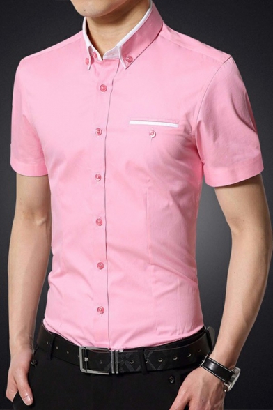 Modern Shirt Short Sleeve Button Down Collar Slim Fitted Shirt Top for Men