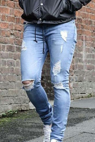 Popular Jeans Ripped Bleach Mid Rise Zipper Fly Full Length Skinny Jeans for Men