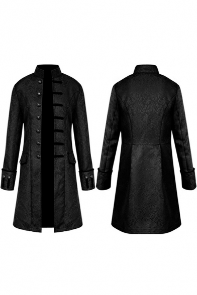 Retro Mens Jacquard Stand Collar Single Breasted Victorian Gothic Long Sleeve Regular Fit Tuxedo