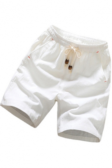 Simple Shorts Solid Color Two-Pocket Styling Drawstring Rise Straight Shorts for Men