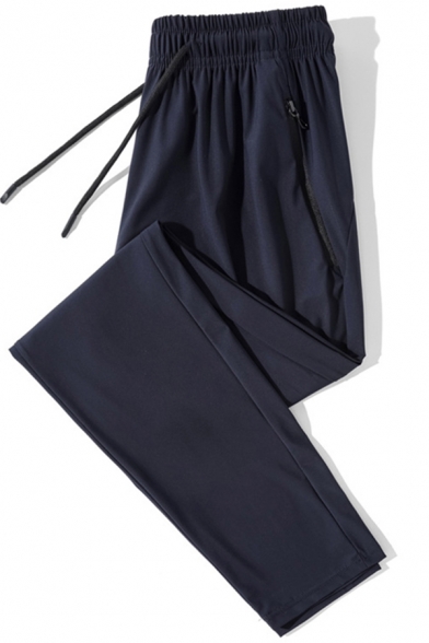 Simple Sporty Pants Plain Elastic Waist Mid-Rise Zip Pocket Full Length Skinny Pants for Men