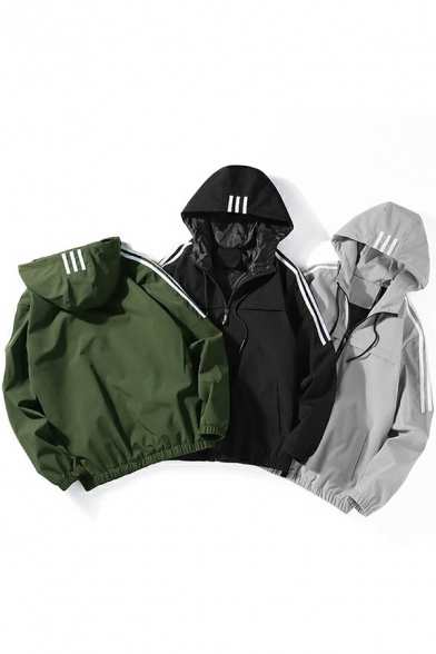 Sporty Jacket Pure Color Stripe Print Zip Closure Long-Sleeved Fitted Hooded Jacket for Guys