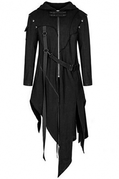 Stylish Halloween Coat Split Asymmetric Hem Zipper Detail Black Hooded Coat for Men