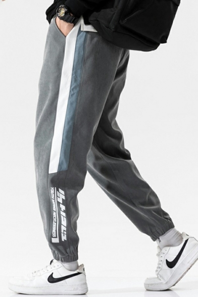 Stylish Mens Pants Color Block Drawstring Waist Ankle Length Elasticized Cuffs Regular Fit Track Pants