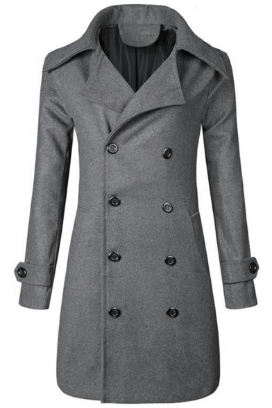 Stylish Trench Coat Pure Color Long Sleeve Wide Notched Collar Double-Breasted Long Fitted Trench Coat for Men