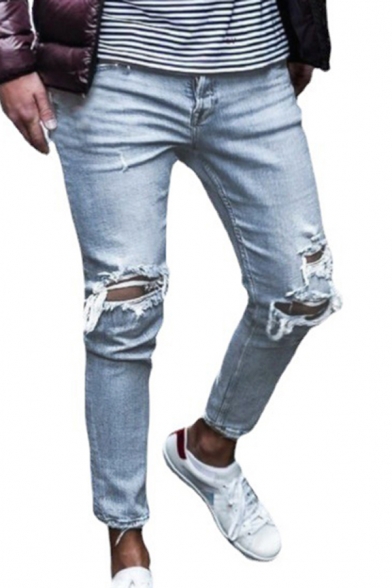 Trendy Jeans Blue Plain Distressed Bleach Mid Rise Ankle Length Slim Fitted Jeans for Men