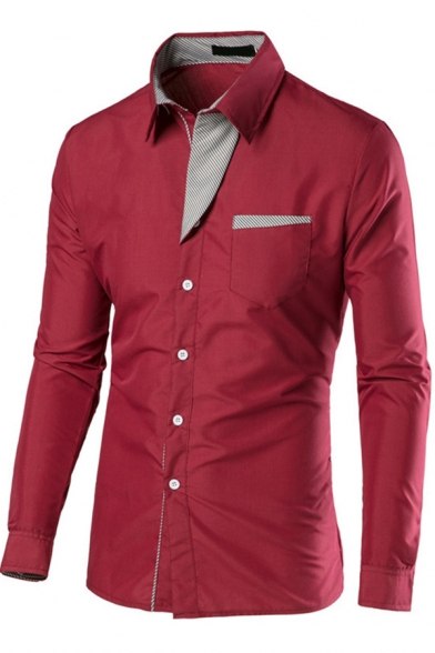 Trendy Men's Shirt Contrast Panel Button-up Turn-down Collar Long Sleeve Slim Fitted Shirt