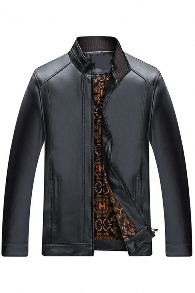 Trendy PU Jacket Pure Color Zipper Closure Lapel Collar Long Sleeves Fitted PU Jacket for Men