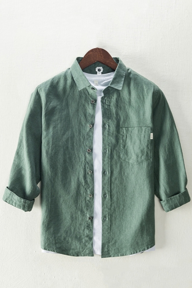 Basic Mens Linen Shirt Solid Color Chest Pocket Button Up Trun Down Collar 3/4 Sleeve Loose Shirt