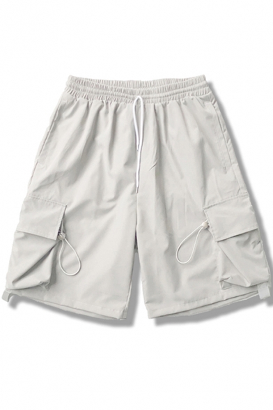 Boys Sports Shorts Solid Color Flap Pockets Drawstring Rise Relaxed Fitted Cargo Shorts