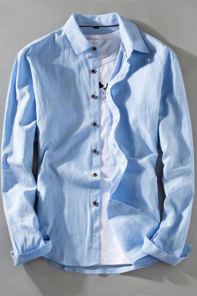 Casual Mens Shirt Solid Color Button Up Long Sleeve Fitted Lapel Shirt