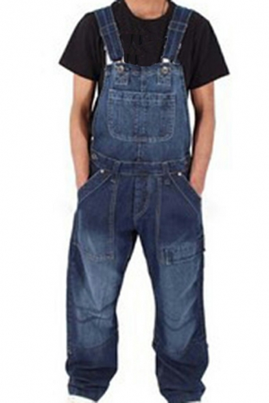 Casual Washed Denim Jeans Multi-Pockets Zipper Fly Adjustable Straps Oversized Mens Overalls Jeans