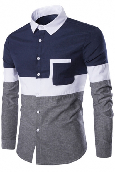 Chic Shirt Color Block Turn-down Collar Long Sleeves Slim Fit Button Up Shirt for Men
