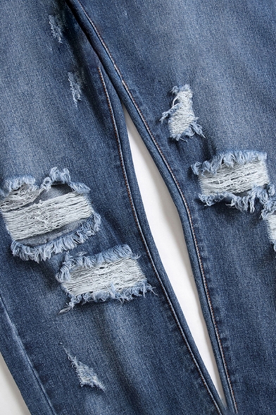 Classic Jeans Bleach Broken Hole Raw Edge Zip Closure Straight Jeans for Guys