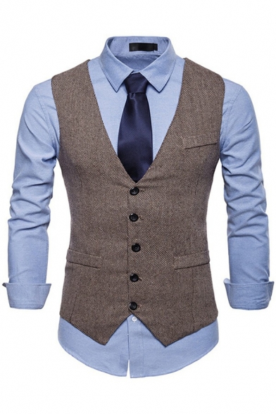 Classic Suit Vest Plain Pockets Detail Single Breasted Sleeveless V-Neck Slim Vest for Men