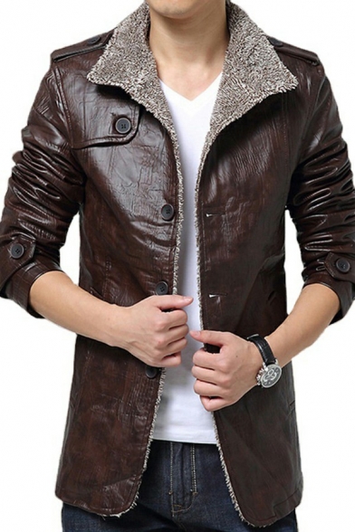 Cool Mens Jacket Plain Epaulette Stand Collar Long Sleeve Button-down Regular Fit PU Leather Jacket
