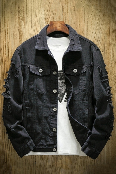Edgy Mens Denim Jacket Solid Color Breast Pockets Frayed Long Sleeves Turn Down Collar Button Closure Loose Denim Jacket