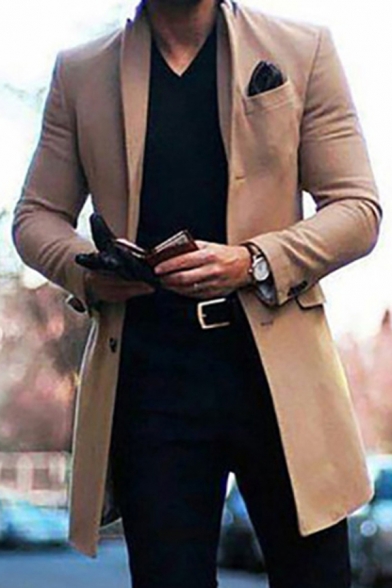 Fashionable Khaki Blazer Plain Shawl Collar Long Sleeve Button up Mid-Length Fit Blazer for Men
