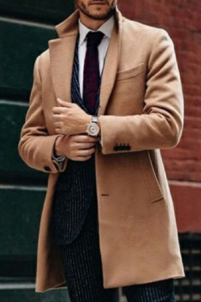 Fashionable Khaki Blazer Plain Shawl Collar Long Sleeve Button up Mid-Length Fit Blazer for Men