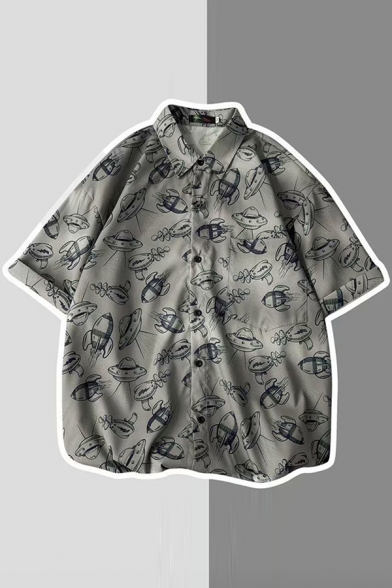 Leisure Mens Shirt Cartoon All over Printed Half Sleeve Turn Down Collar Button Up Relaxed Shirt