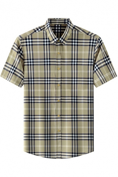 Leisure Mens Shirt Plaid Printed Button Closure Short Sleeves Turn-down Collar Fitted Shirt