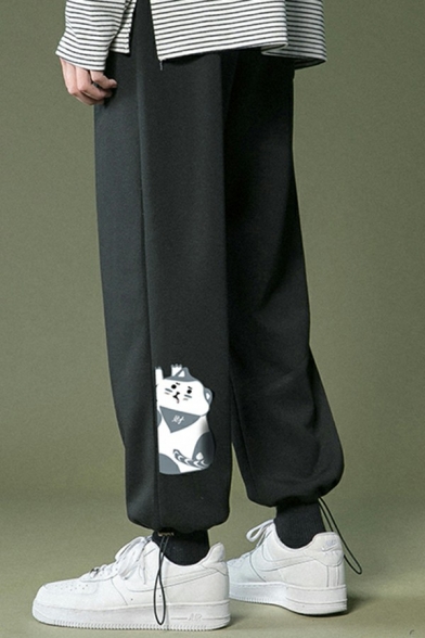 Men Casual Pants Cat Pattern Drawstring Waist Mid Rise Ankle Length Loose Sport Pants