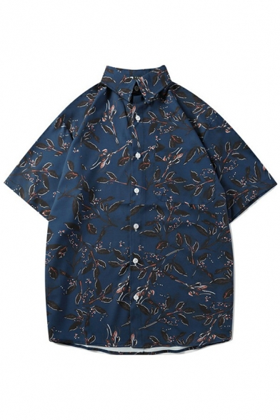 Men Casual Shirt Floral Pattern Short Sleeve Point Collar Button-down Relaxed Fit Shirt Top