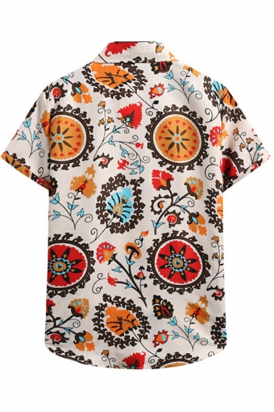Men Casual Shirt Tribal Pattern Spread Turn Down Collar Button up Short Sleeves Regular Fit Shirt