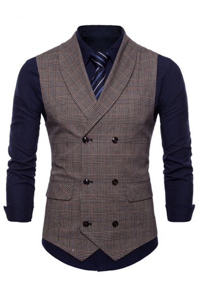 Men Chic Suit Vest Plaid Lapel Collar Flap Pocket Double Breasted Skinny Fitted Suit Vest