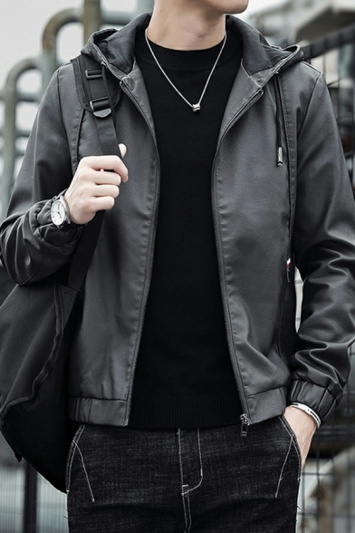Men Cool Leather Jacket Plain PU Zip-Fly Pocket Detail Hooded Regular Fit Leather Jacket
