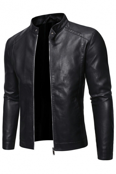 Men Fashionable Leather Jacket Plain PU Stand Collar Zip-Fly Slim Fit Leather Jacket