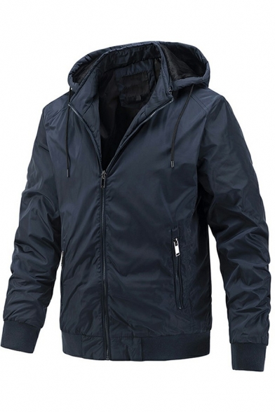 Men Modern Drawstring Jacket Solid Color Zipper Closure Long Sleeve Fitted Hooded Jacket