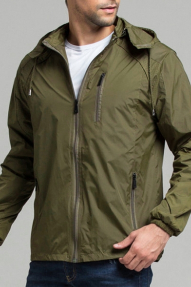 Men Modern Drawstring Trench Coat Plain Zip-Fly Long-Sleeved Regular Hoodie Trench Coat
