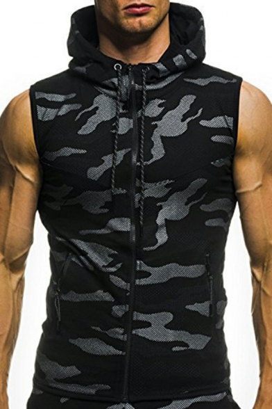 Men's Trendy Vest Camouflage Pattern Pocket Detailed Zipper Closure Slim Hooded Vest