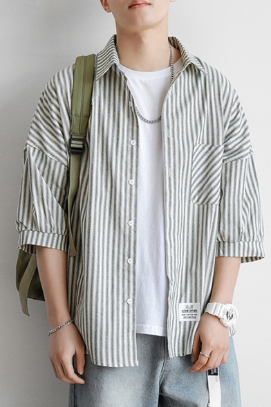 Men Trendy Shirt Stripe Print Button-down Turn-down Collar Front Pocket Half Sleeves Regular Shirt
