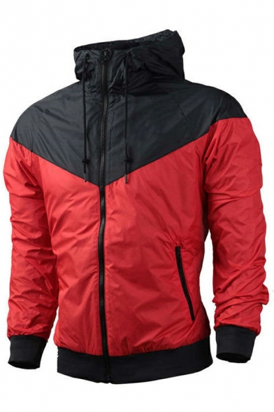Mens Casual Jacket Color Block Zip Fly Front Pocket Hooded Loose Fit Jacket