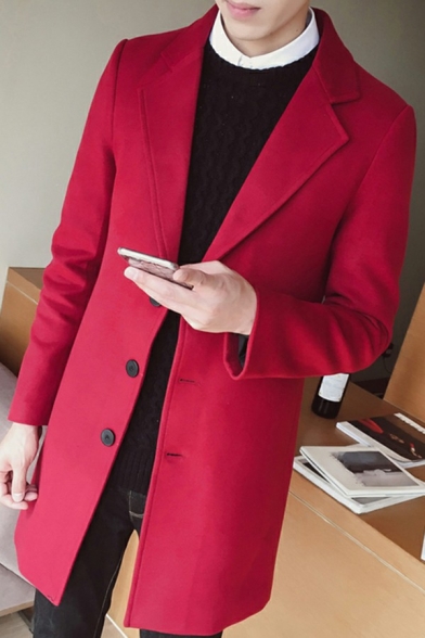 Mens Elegant Woolen Coat Plain Single Breasted Suit Collar Long Sleeve Regular Fit Woolen Coat