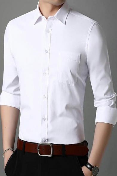 Modern Shirt Solid Color Chest Pocket Button Closure Long Sleeve Turn down Collar Fitted Shirt for Men