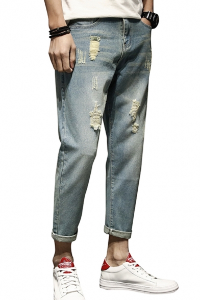 Retro Light Blue Jeans Faded Effect Shredded Zip-Fly Stretch Denim Two-Pocket Styling Slim Cropped Jeans for Men