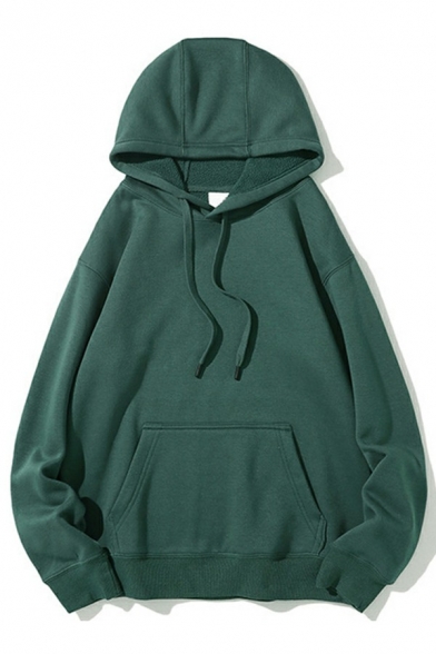 Simple Hoodie Solid Color Long Sleeve Kangaroo Pocket Drawstring Loose Hoodie for Guys