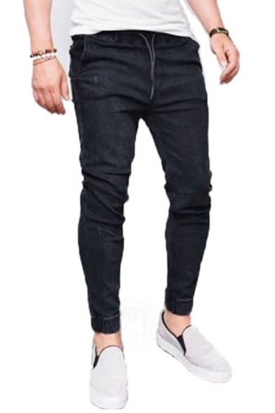 Simple Jeans Solid Color Zip-Fly Stretch Denim Two-Pocket Styling Mid-rise Slim Jeans for Men