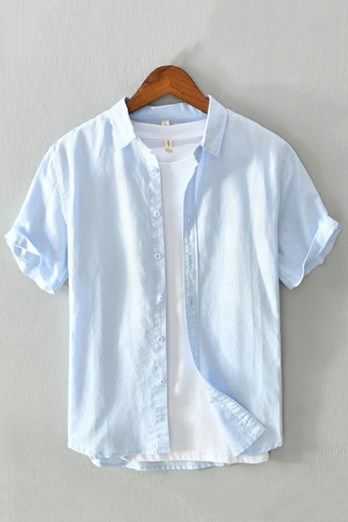 Simple Shirt Plain Short Sleeve Spread Collar Button Detailed Fitted Shirt Top for Men