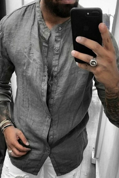 Simple Shirt Pure Color Long Sleeve Collarless Button Detailed Regular Shirt Top for Men