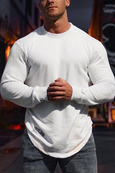 Sporty Men's Hoodie Solid Color Long Sleeves Crew Neck Slim Fitted Sweatshirt