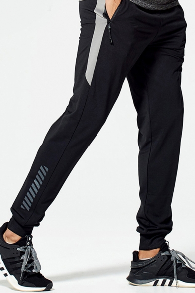 Sporty Pants Contrast Stripe Patterned Elastic Waist Mid-Rise Rib Knit Cuffs Full Length Regular Pants for Men